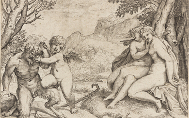 AGOSTINO CARRACCI Omnia vincit Amor. Engraving, 1599. 126x187 mm; 5x7 3/8 inches, thread...