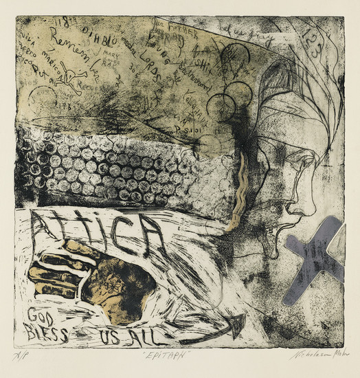 AMERICAN PRINTMAKERS Two etchings. NICHOLASA MOHR (1938 - ). Epitaph, color etching and...