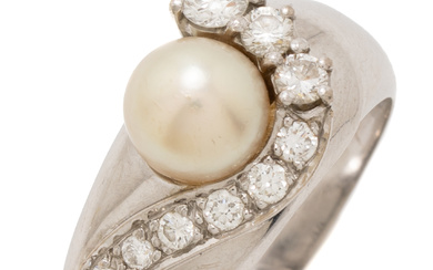 AN 18CT WHITE GOLD PEARL AMD DIAMOND RING; 9mm wide...