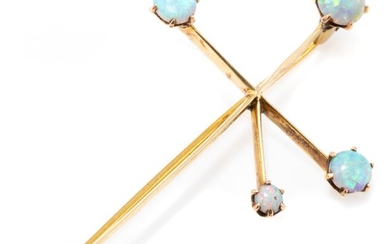 AN ANTIQUE AUSTRALIAN 15CT GOLD OPAL SOUTHERN CROSS BROOCH; set with 5 cabochon crystal opals, hallmarks for Magnus Goldring, length...