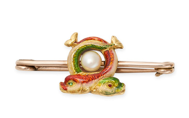 AN ANTIQUE ENAMEL AND PEARL DOLPHIN BAR BROOCH in ...