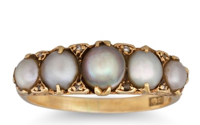 AN ANTIQUE FIVE STONE PEARL RING, with diamond points, in a ...