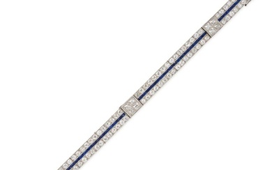 AN ART DECO SAPPHIRE AND DIAMOND BRACELET in white gold, comprising two rows of old cut diamonds