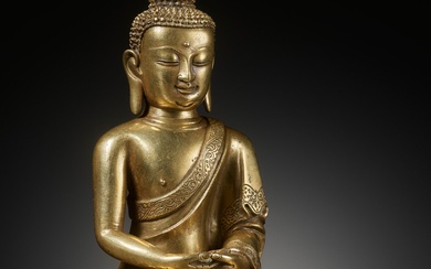 AN EXCEEDINGLY RARE GILT BRONZE FIGURE OF AMITABHA BUDDHA, BY CHEN YIDE, QIANTANG c. 1400-1450
