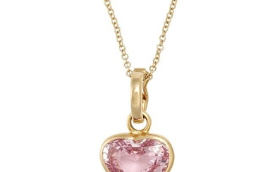 AN UNHEATED PINK SAPPHIRE PENDANT NECKLACE in yellow gold, the pendant set with a heart shaped pi...