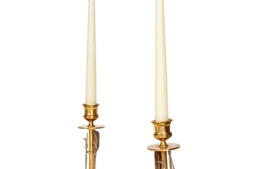 AN UNUSUAL PAIR OF GILT BRONZE AND SILVERED 'MARTIAL' CANDLESTICKS BY ANTONIO IUDICE