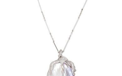 ANDRE MARCHA: CULTURED PEARL AND DIAMOND PENDANT NECKLACE