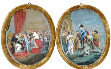 ANTIQUE 18TH C ROCOCO WATERCOLOR PAINTINGS FRAMED
