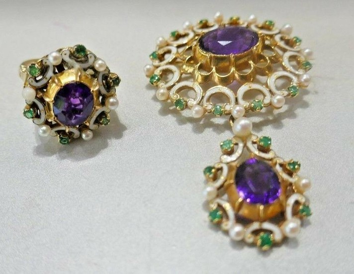 ANTIQUE 9k Yellow Gold, Amethyst, Pearl, Emerald &