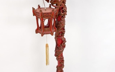 ANTIQUE CHINESE RED LACQUERED CARVED DRAGON LAMP
