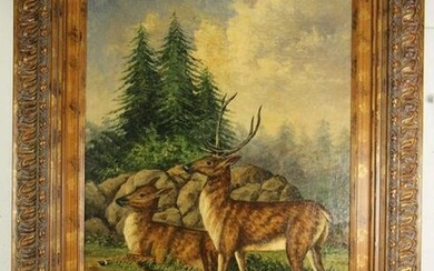 ANTIQUE OIL ON CANVAS STAG NATURE SCENE PAINTING