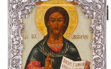 ANTIQUE RUSSIAN ICON JESUS CHRIST IN SILVER OKLAD
