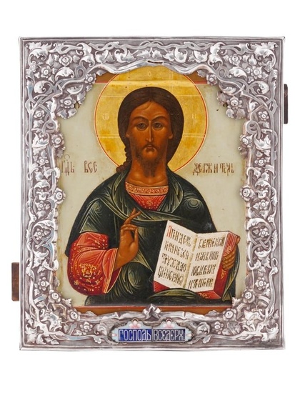 ANTIQUE RUSSIAN ICON JESUS CHRIST IN SILVER OKLAD