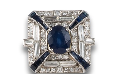 ART DECO STYLE RING IN PLATINUM WITH DIAMONDS AND SAPPHIRES