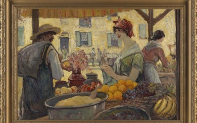 ARTHUR VIDAL DIEHL (Massachusetts/New York/England, 1870-1929), Market scene., Oil on board