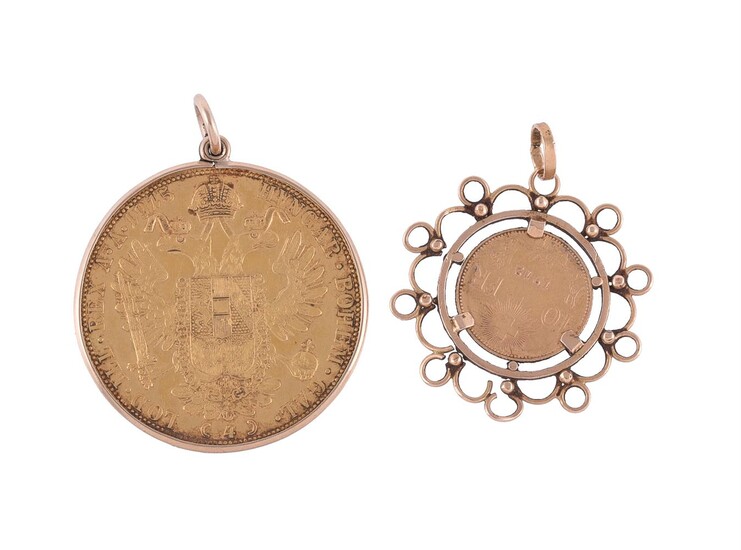 AUSTRIA, 4 DUCAT, 1915, IN A 9 CARAT GOLD PENDANT MOUNT, AND FRANCE, 10 FRANCS, 1912, IN GOLD COLOUR