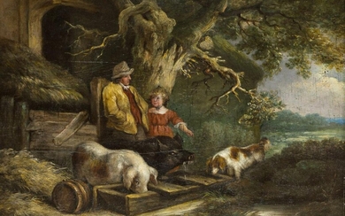 After George Morland, British 1763-1804- Peasants and pigs; oil on panel, 41 x 59.2 cm. Provenance: Collection of G. German, Highfield House, Ashby de la Zouch, Leicestershire (according to a label attached to the reverse).; Private Collection, UK...