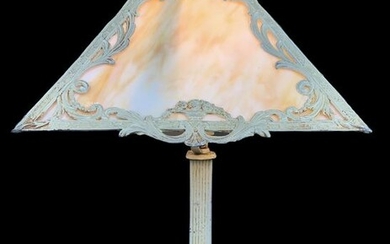 American Art Nouveau Slag Glass Enameled Lamp