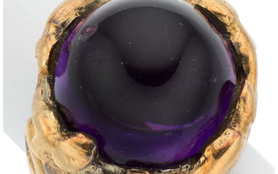Amethyst, Gold Ring, Baszanger The ring features a round-shaped...