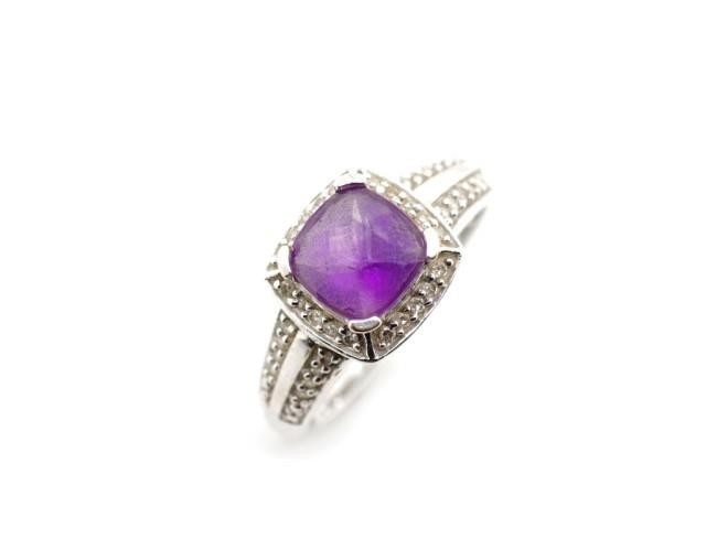 Amethyst, diamond and 9ct white gold halo ring marked 375 AC...