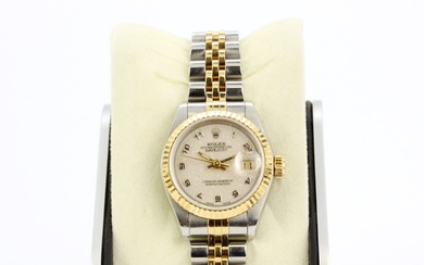 An 18ct gold and steel inox Datejust Rolex wristwatch with guilloche style face and date function.