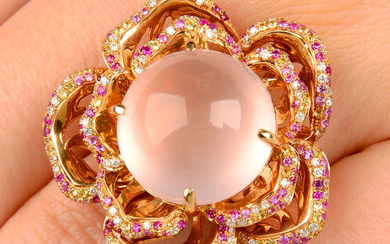 An 18ct gold rose quartz, pink and yellow sapphire and diamond floral dress ring.