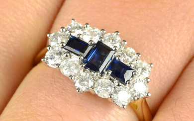 An 18ct gold sapphire three-stone and brilliant-cut diamond cluster ring.