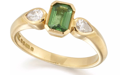 An 18ct gold tsavorite garnet and diamond three stone ring,...