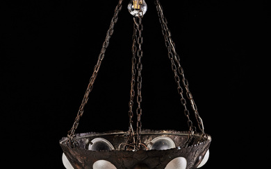 An Art Nouveau ceiling lamp, early 20th century, copper with glass cup.