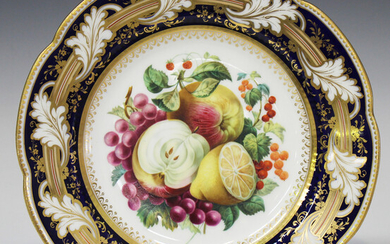 An English porcelain cabinet plate, probably Ridgway, mid-19th century, painted with a panel of frui