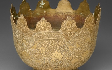 An Indian brass bowl or Monteith, 19th c, crisply chased wit...