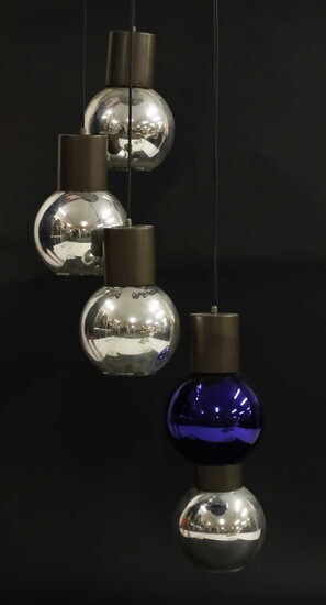 An Italian mirrored glass five-ball adjustable hanging light