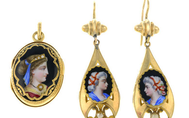 An enamel and split pearl pendant and earring suite.