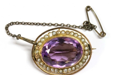 An gold amethyst and split pearl brooch