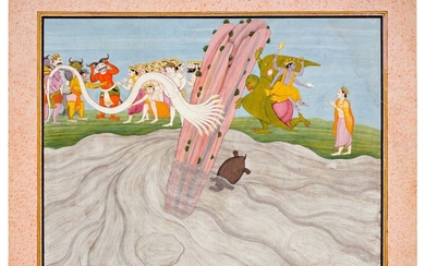 An illustration to a Bhagavata Purana series: The Churning of the Ocean, by a Master of the First Generation after Manaku and Nainsukh, North India, Punjab Hills, circa 1780-1810