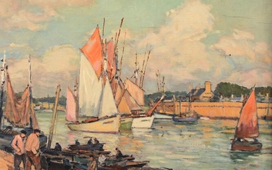 André DEMOLY (1889-1961) "Concarneau, back port, return from fishing" hsp sbg 22x27