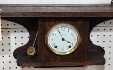 Ansonia Arts + Crafts Oak Wall Clock W/ Plate Shelf 10 1/2"H XX 39"W X 5 3/4"D