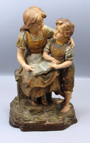 Antique Austrian Ceramic Figurine in the Figure of a Boy and Girl Reading a Book
