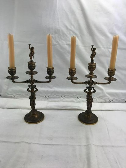 Antique French Neoclassical Venus Brass Candelabras