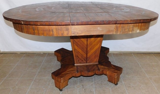 Antique Oak & Walnut Inlaid Arts & Crafts Oval Dining Table