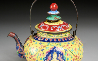 Antique Thai enameled copper tea pot