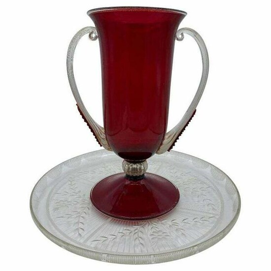 Art Deco Venetian Red Glass Vase with Charger Plate