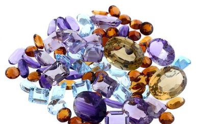 Assorted amethysts, citrines, and blue topaz, 300.61ct