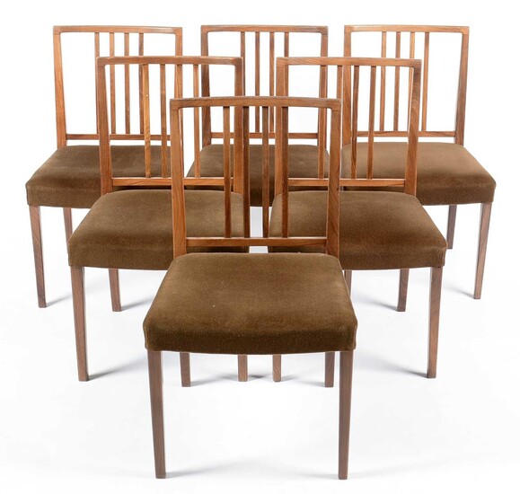 Attr. Gordon Russell of Broadway: set of six walnut dining chairs.