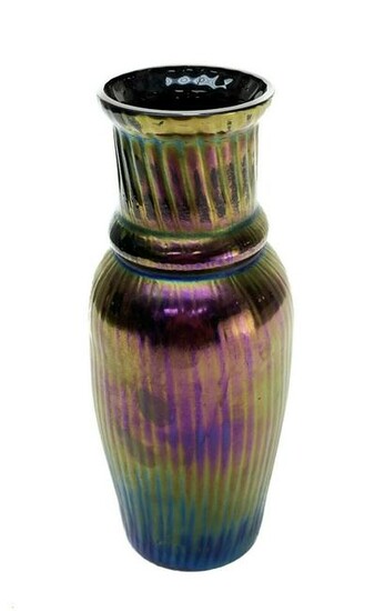 Austrian Iridescent Art Glass Ribbed Vase, Signed Loetz