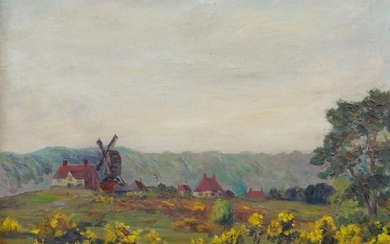 B Searle, British school, early/mid-20th century- Landscape with a windmill; oil on canvas, signed and dated '23 lower left, 41 x 46 cm