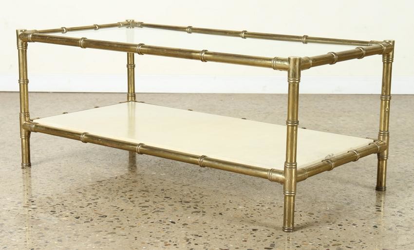 BAMBOO STYLE BRASS COFFEE TABLE PARCHMENT SHELF