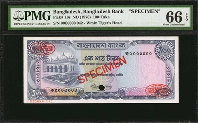 BANGLADESH. Bangladesh Bank. 100 Taka, ND (1976). P-18s. Specimen. PMG Gem Uncirculated 66 EPQ.