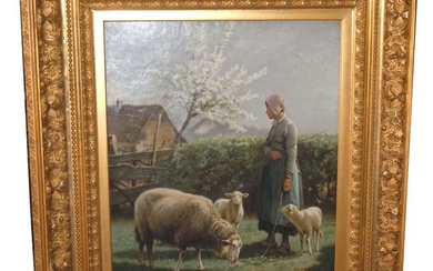 BEUL OIL PAINTING SHEEPHERDER W SHEEP 19c BELGIUM, oil on canvas signed H. D Beul 1884 (lower left)