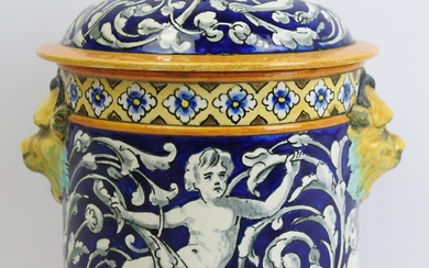 BLOIS - Adrien THIBAULT (1844-1918) : Pot couvert en faience à décor sur fond bleu...
